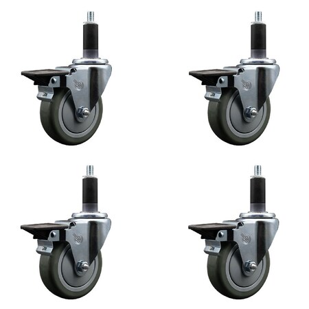 Service Caster 4'' Gray Poly Swivel 1-1/8'' Expanding Stem Caster Set with Brake, 4PK SCC-EX20S414-PPUB-PLB-118-4